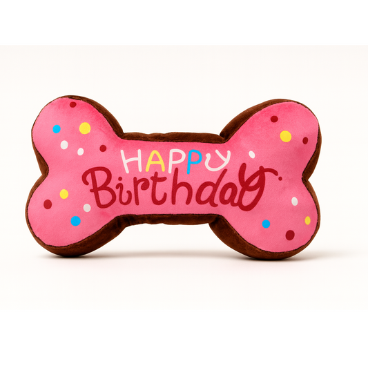 🦴 Birthday Bone Pink & Brown – Juguete de Peluche para Cumpleaños 🎉🐾